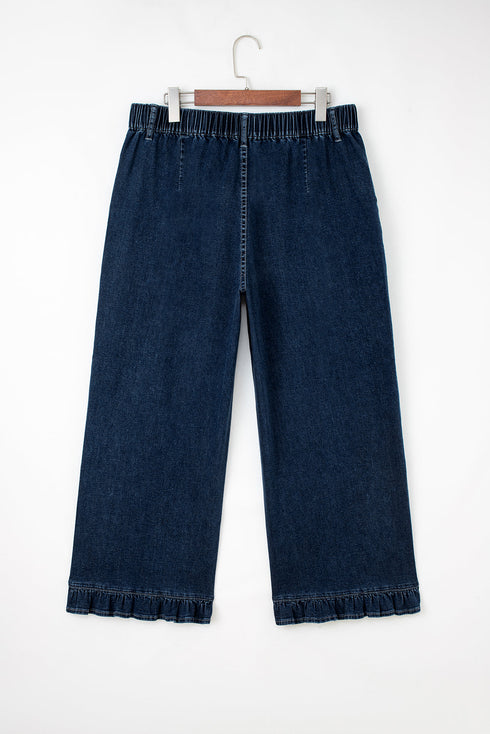Elastic Waist Ruffled Wide Leg Denim Pants