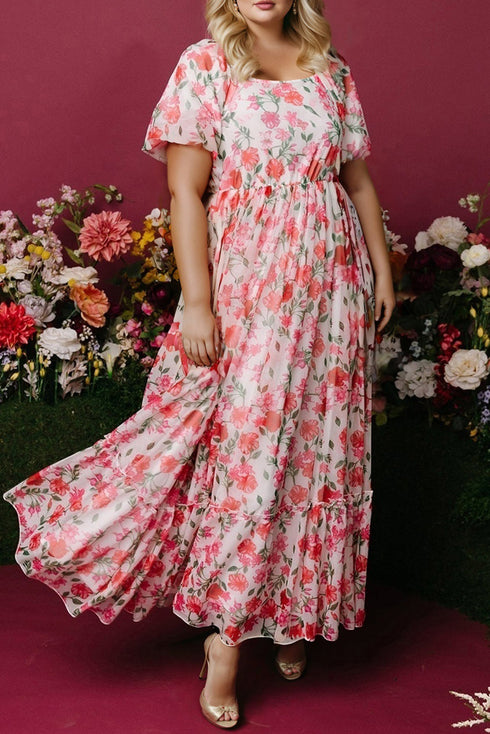 Floral Square Neck Puff Sleeve Ruffle Maxi Dress