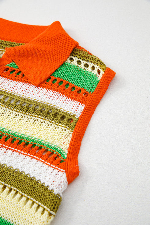 Striped Crochet Knit Collared Sleeveless Shift Dress