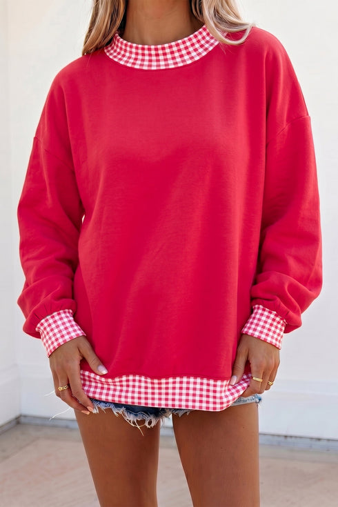 Mock Neck Plaid Pattern Trim Oversized Sweatshirt