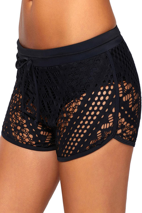 Geometric Lace Drawstring Waist Dolphin Hem Swim Shorts