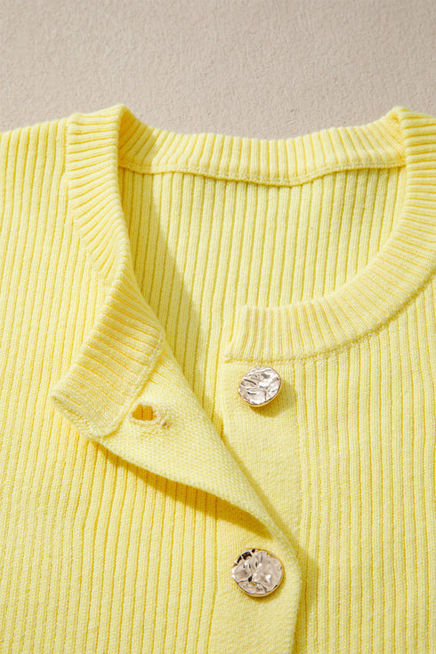 Ribbed Knit Frilled Trim Cardigan Short Sleeve Sweater