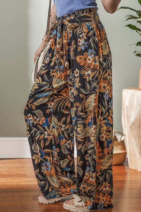 Bohemian Floral Print Smocked Waist Wide Leg Pants