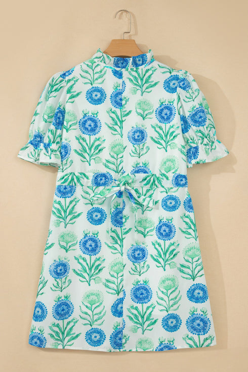 Floral Half Button Frill Sleeve Dress