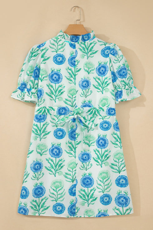Floral Print Half Button Frilly Short Sleeve Dress