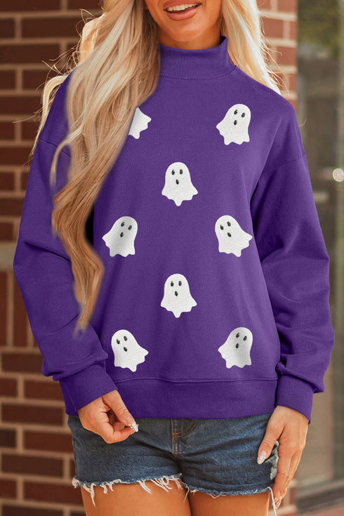 Sequined Ghost Print Mock Neck Spooky Graphic Sweatshirt