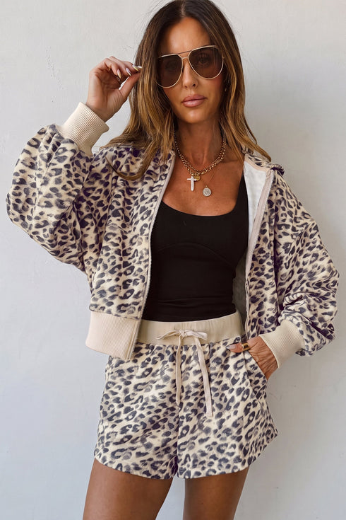 Leopard Zip Up Hooded Drawstring Pant Short Set