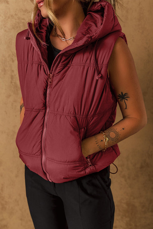 Solid Quilted Zip Front Hooded Puffer Vest