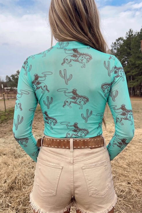 Western Print High Neck Sheer Mesh Sheath Long Sleeve Top
