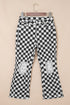 Checkerboard Print Distressed Raw Edge Cropped Denim Jeans