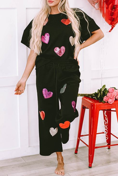 Exclusive Sequin Heart Print Textured Two Piece Graphic Set