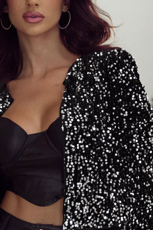 Elegant Solid Sequined Open Front Cropped Jacket