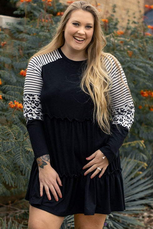 Plus Size Striped Leopard Patchwork Ruffle Tiered Western Dress