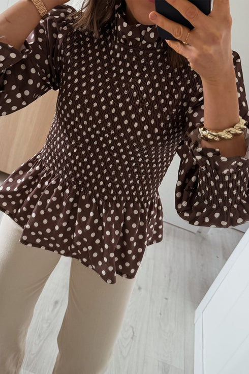 Polka Dot Ruffled High Neck Shirred Hem Blouse