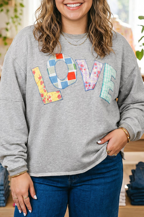 Letter Graphic Long Sleeve Patch Embroidery Tunic Top