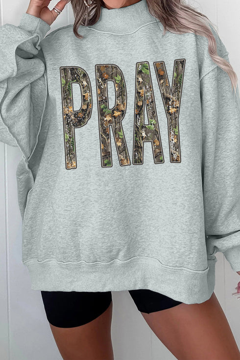 Camouflage Letter Print Mock Neck Baggy Pullover Sweatshirt
