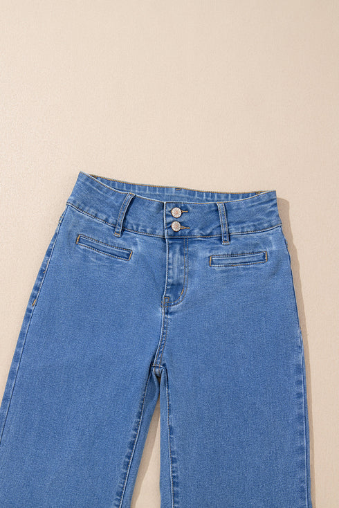 Casual Double Button High Rise Straight Leg Jeans