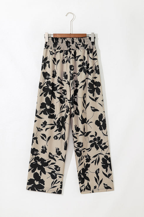 Bohemian Floral Print Smocked High Waist Wide Leg Pants