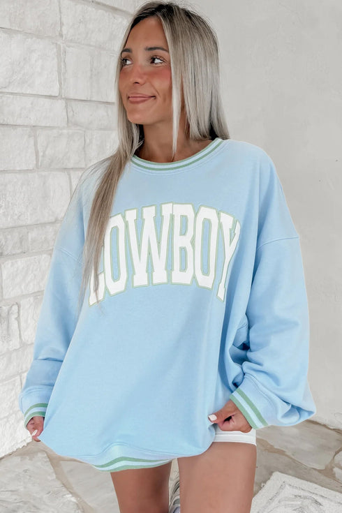 Embroidered Cowboy Letter Print Long Sleeve Round Neck Sweatshirt