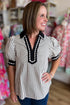Striped Collared Split Neck Short Puff Sleeve Blouse