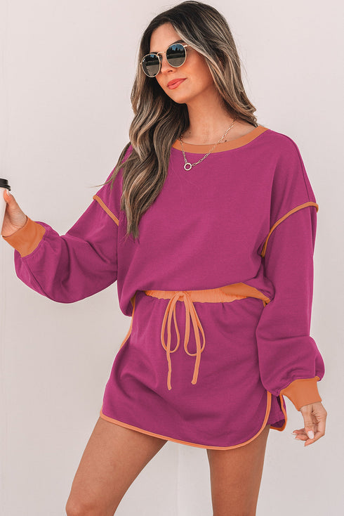 Paneled Loose Pullover And Lace Up Skort Two Piece Set