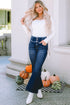 Button Detail Elastic Wide Waistband Flare Denim Jeans