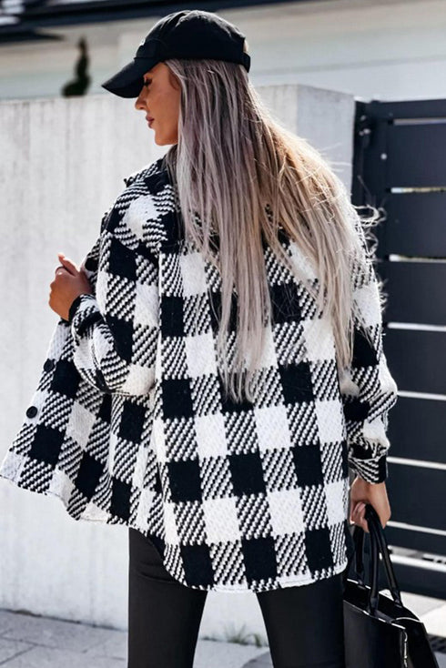 Modern Textured Plaid Print Flap Pocket Shacket