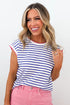 Striped Print Contrast Trim Round Neck Cap Sleeve Tee