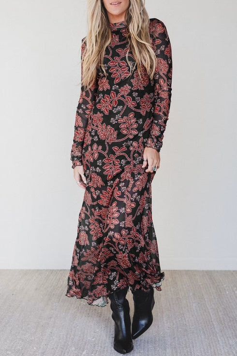 Retro Floral Print Long Sleeve Mesh Maxi Dress