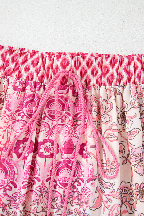 Bohemian Floral Print Tassel Drawstring Maxi Skirt