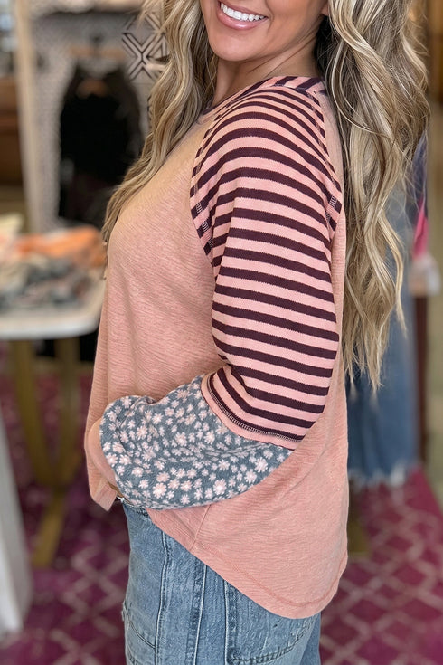 Striped Floral Patchwork V Neck Seam Long Sleeve Top