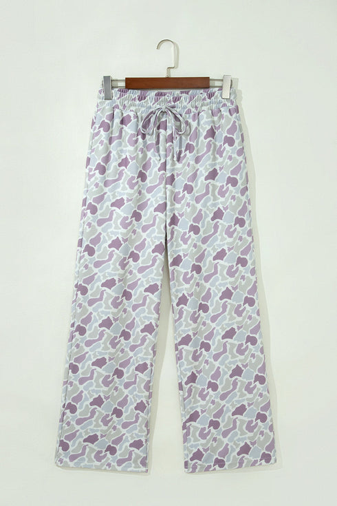 Camo Print Drawstring Waist Loose Fit Full Length Pants