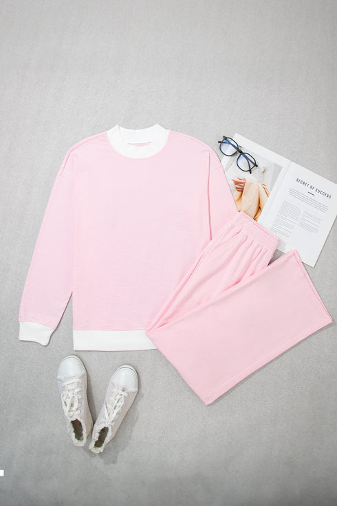 Striped Trim Mock Neck Pullover Drawstring Pants Outfit Pant Set