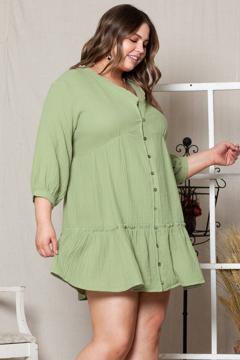 Textured Ruffled Button V Neck A Line Plus Size Dress