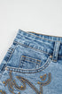 Western Embroidered Studded Stretch Cotton Denim Shorts