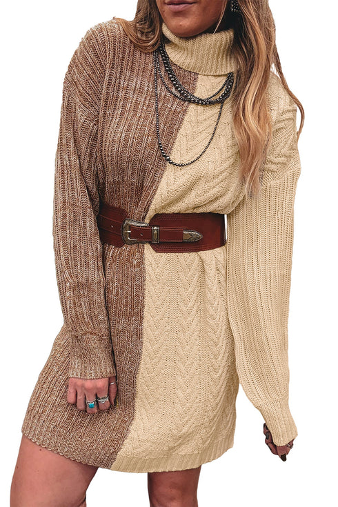 Cable Detail Turtleneck Mini Retro Inspired Sweater Dress