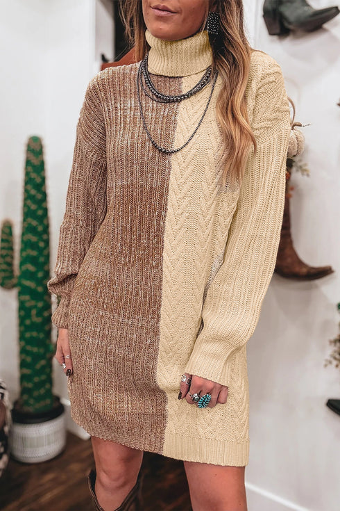 Cable Detail Turtleneck Mini Retro Inspired Sweater Dress