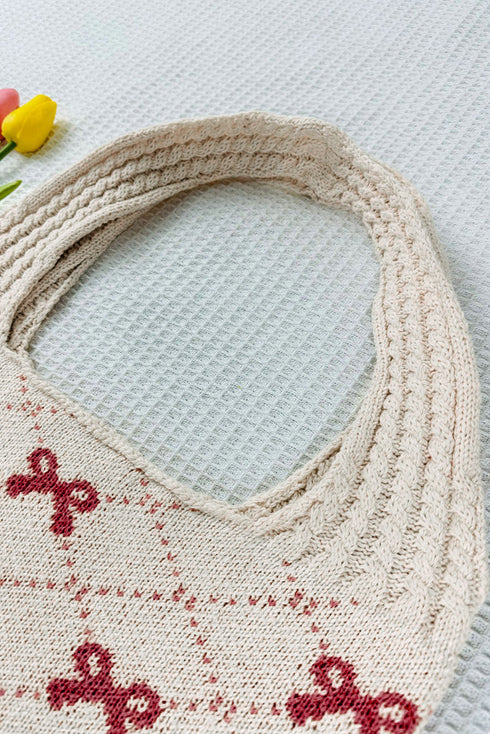 Cable Knit Argyle Pattern Bow Accent Double Handle Tote Bag
