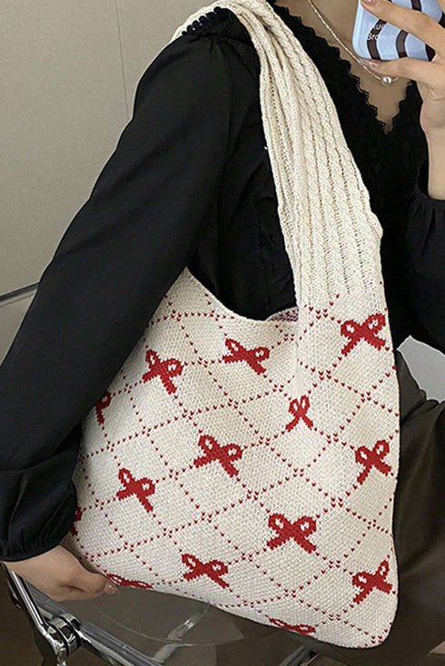 Cable Knit Argyle Pattern Bow Accent Double Handle Tote Bag