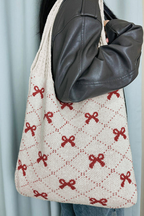 Cable Knit Argyle Pattern Bow Accent Double Handle Tote Bag