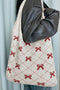 Cable Knit Argyle Pattern Bow Accent Double Handle Tote Bag