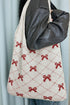 Cable Knit Argyle Pattern Bow Accent Double Handle Tote Bag