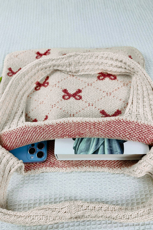 Cable Knit Argyle Pattern Bow Accent Double Handle Tote Bag