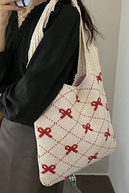 Cable Knit Argyle Pattern Bow Accent Double Handle Tote Bag