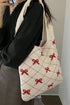 Cable Knit Argyle Pattern Bow Accent Double Handle Tote Bag