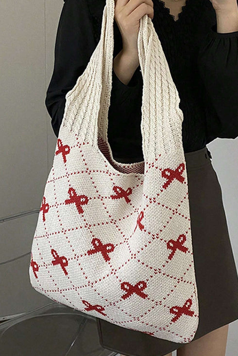 Cable Knit Argyle Pattern Bow Accent Double Handle Tote Bag