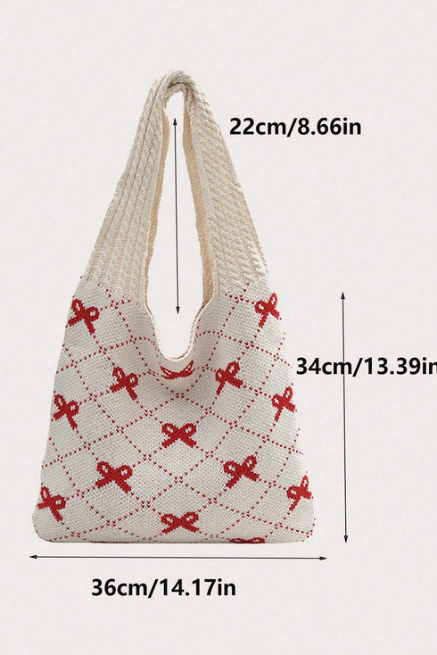 Cable Knit Argyle Pattern Bow Accent Double Handle Tote Bag