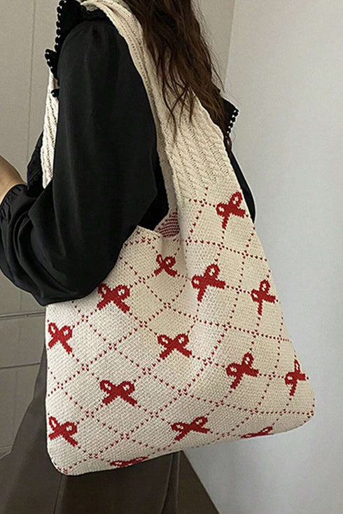 Cable Knit Argyle Pattern Bow Accent Double Handle Tote Bag