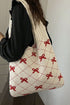 Cable Knit Argyle Pattern Bow Accent Double Handle Tote Bag