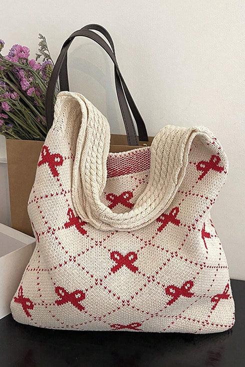 Cable Knit Argyle Pattern Bow Accent Double Handle Tote Bag